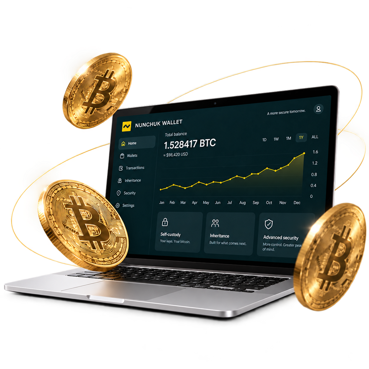 Nunchuk Wallet on a silver laptop, surrounded by three gold Bitcoin coins