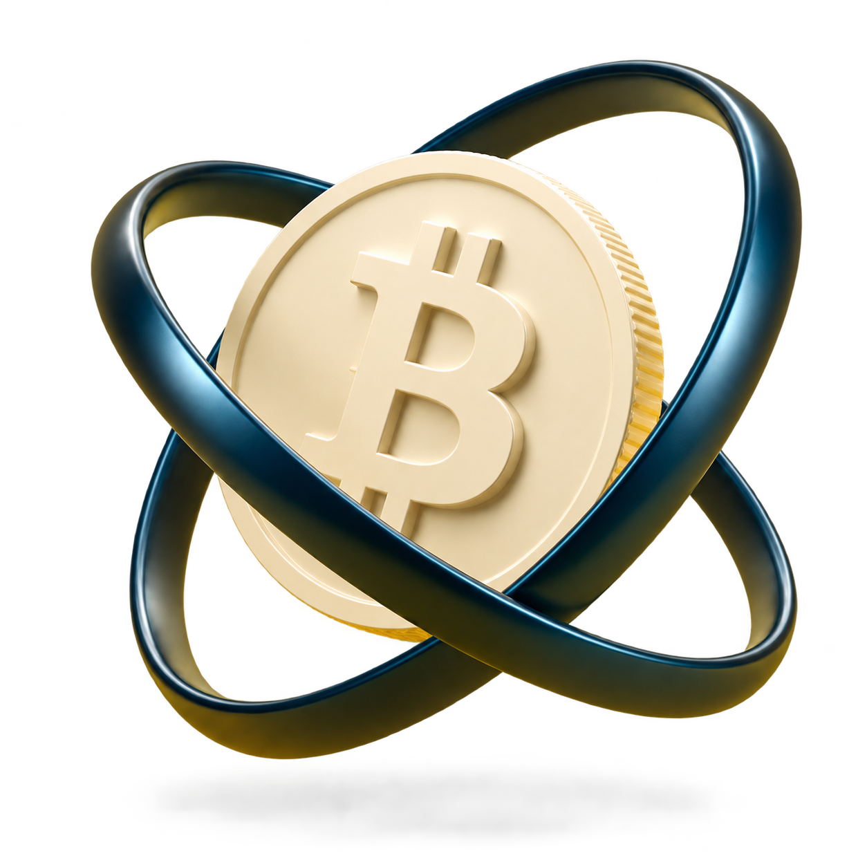An ivory Bitcoin coin floating between two dark orbital rings
