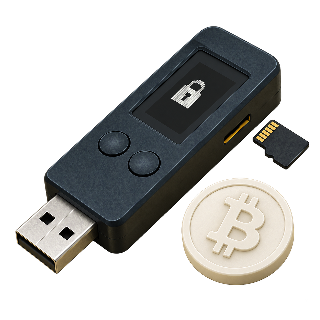 Illustrative hardware signer and microSD card beside a Bitcoin coin