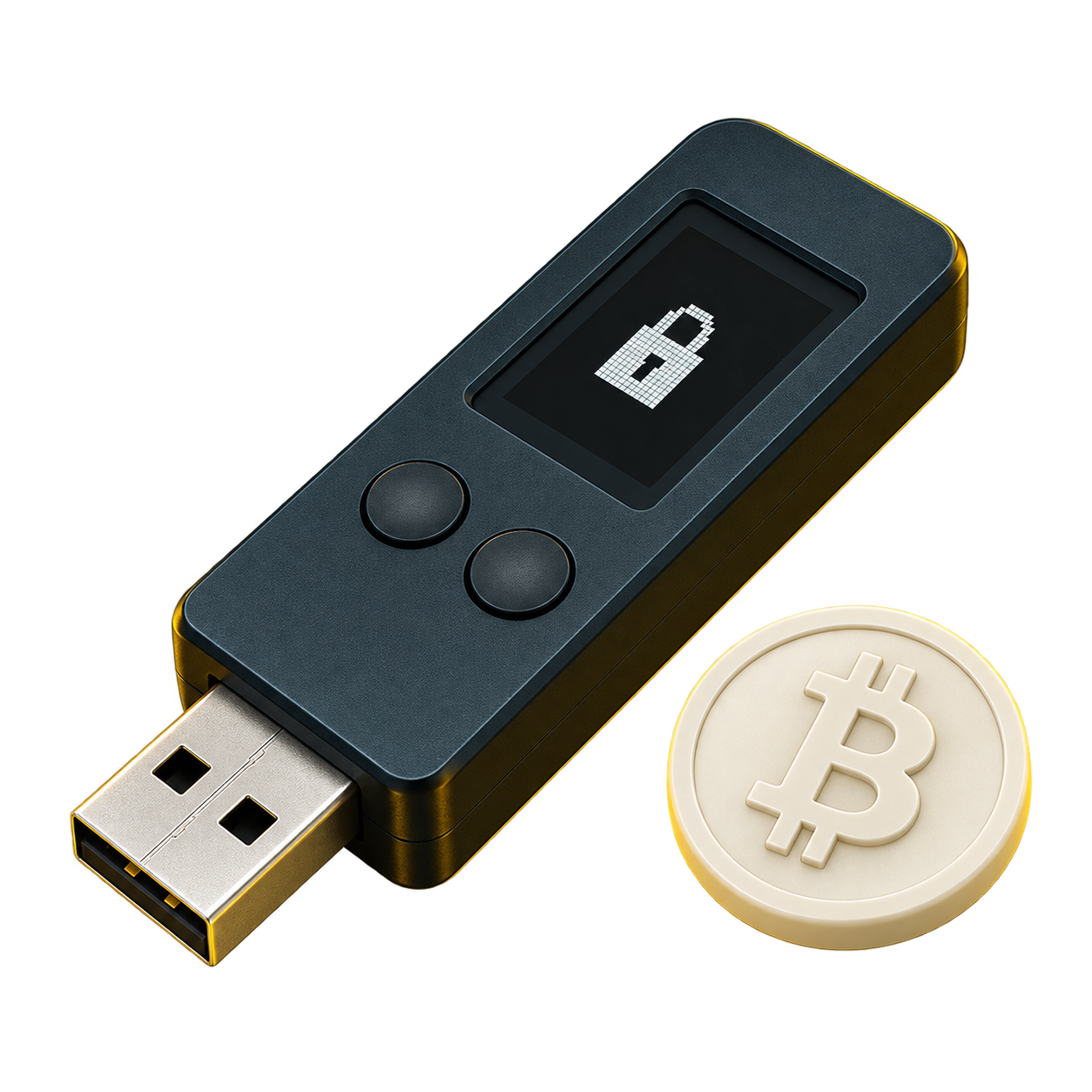Illustrative USB hardware signer beside an ivory Bitcoin coin