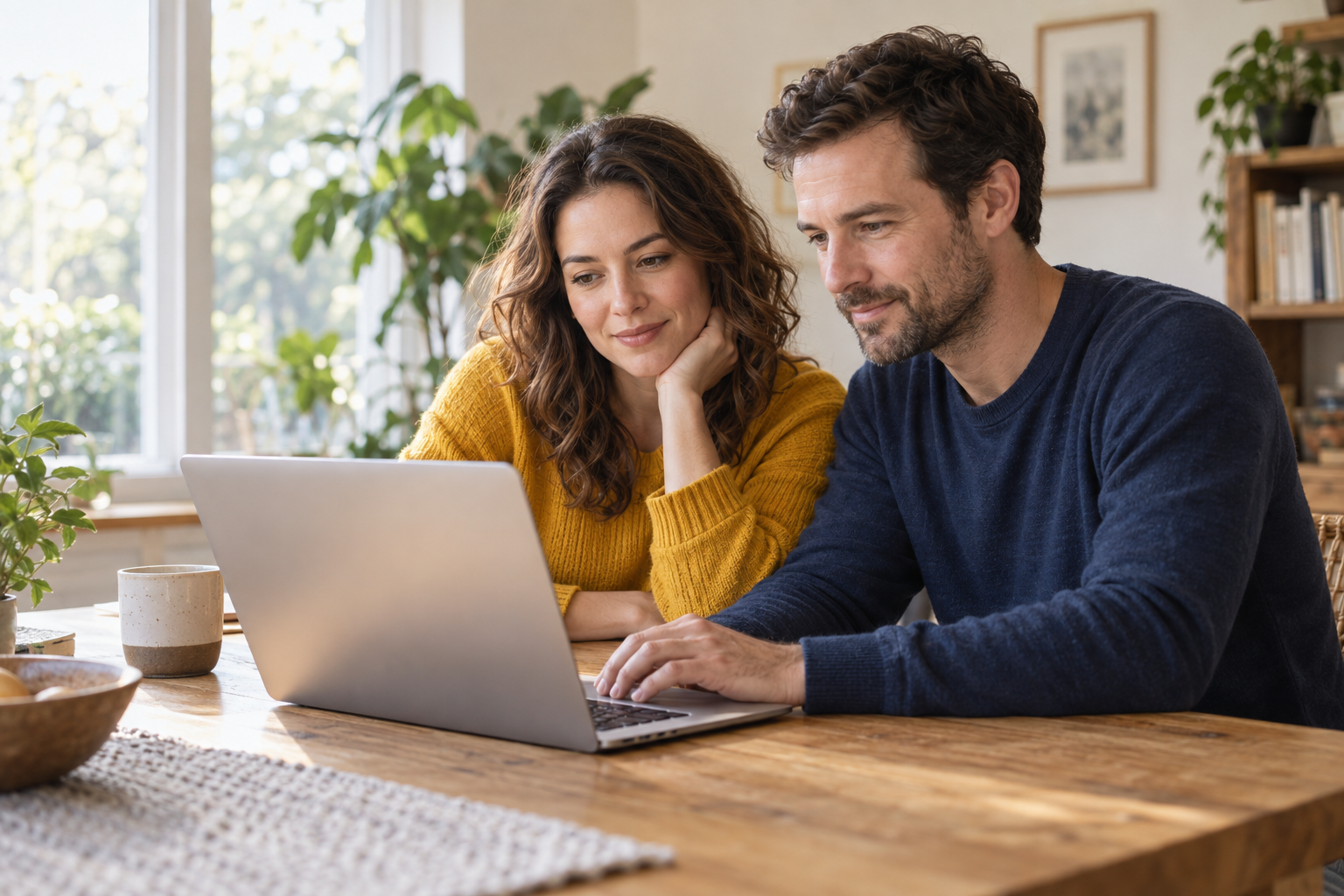 Two partners reviewing a laptop together at home